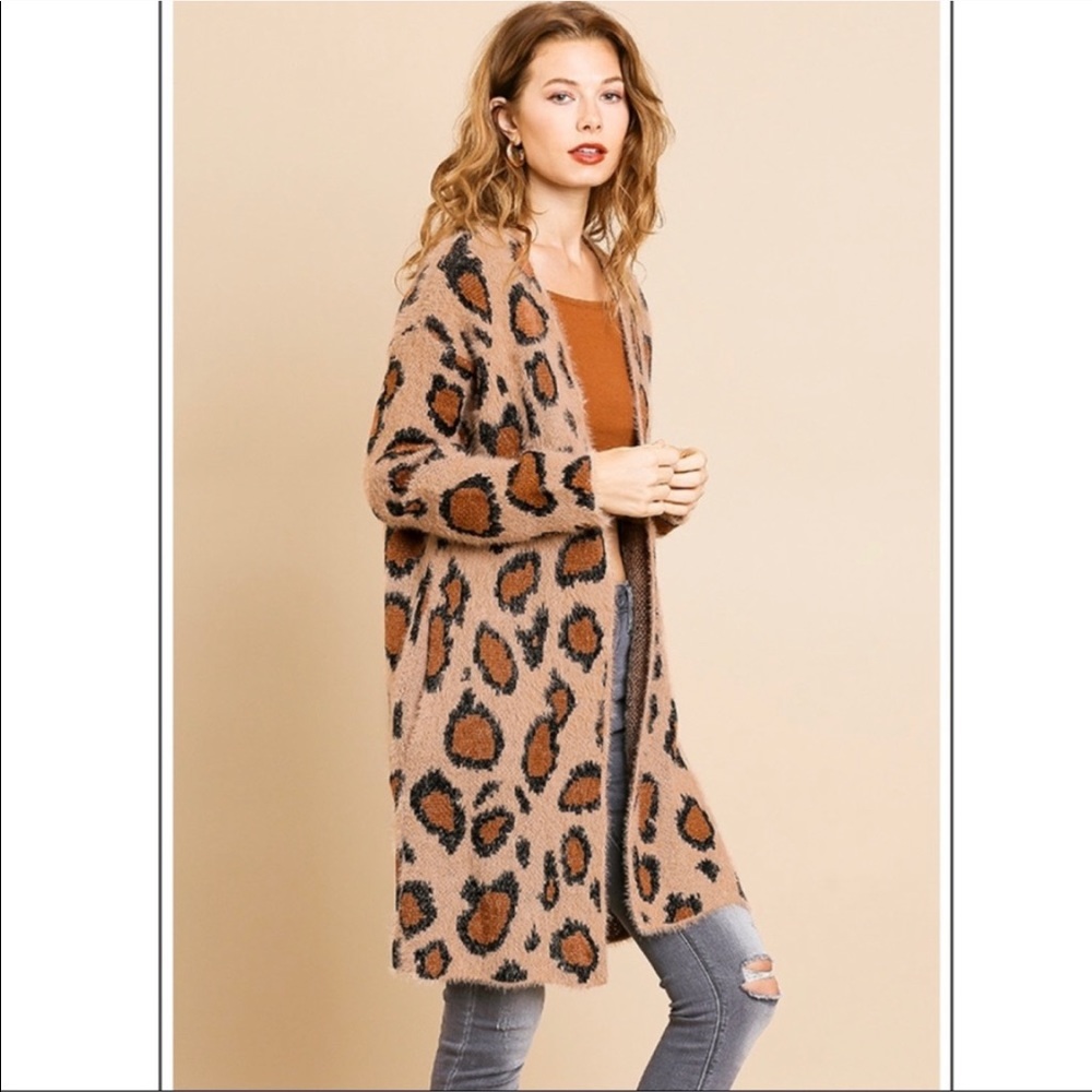 Fuzzy Animal Print Open Front Cardigan - Picture 1 of 9